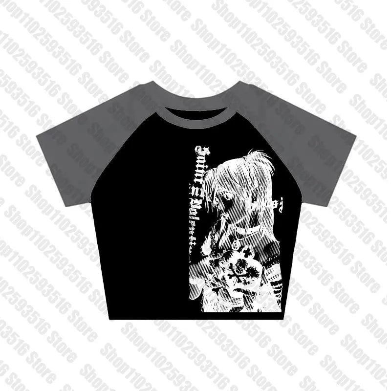Y2k anime Streetwear O-neck 90s Text Printing , Simple Vintage Crop Aesthetic T-shirt.