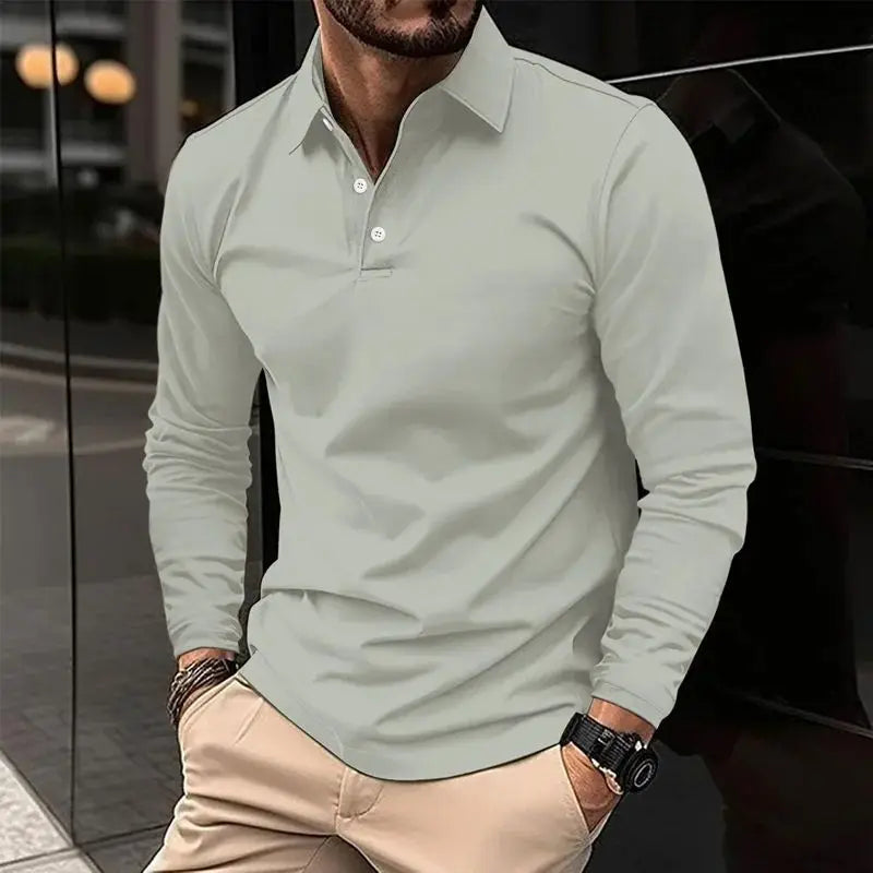 Men Solid Color Long Sleeved Polo Shirt, Spring and Autumn New Product Simple Exquisite Loose and Casual Men Tops.
