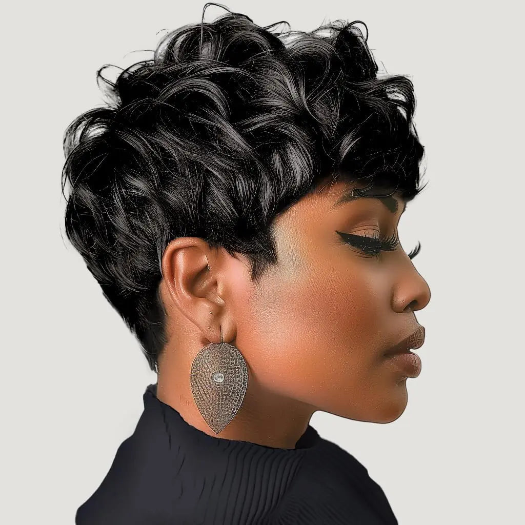 Black women's short elf wig with bangs, curly  wig