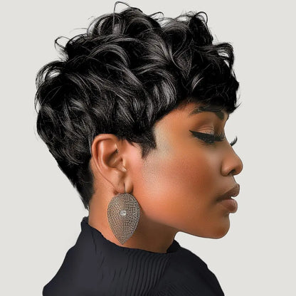 Black women's short elf wig with bangs, curly  wig