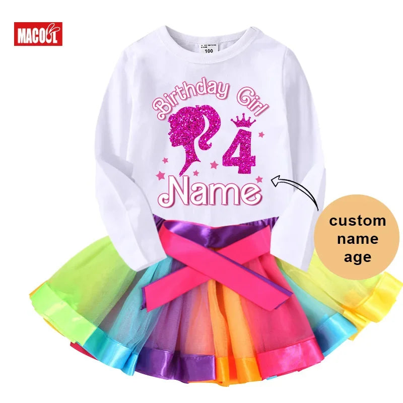 Birthday Girl 5th Outfits Rainbow Dress, Tutu Dress Suit Kids Clothing.