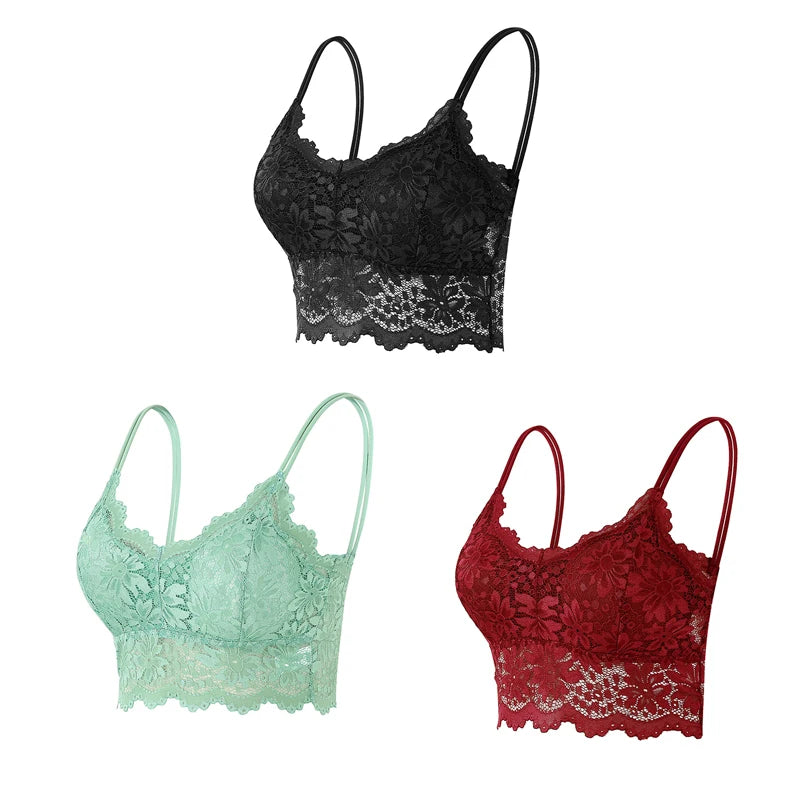 3PCS Women's Lace Top Comfortable Bralette, Solid Color Underwear Vest.