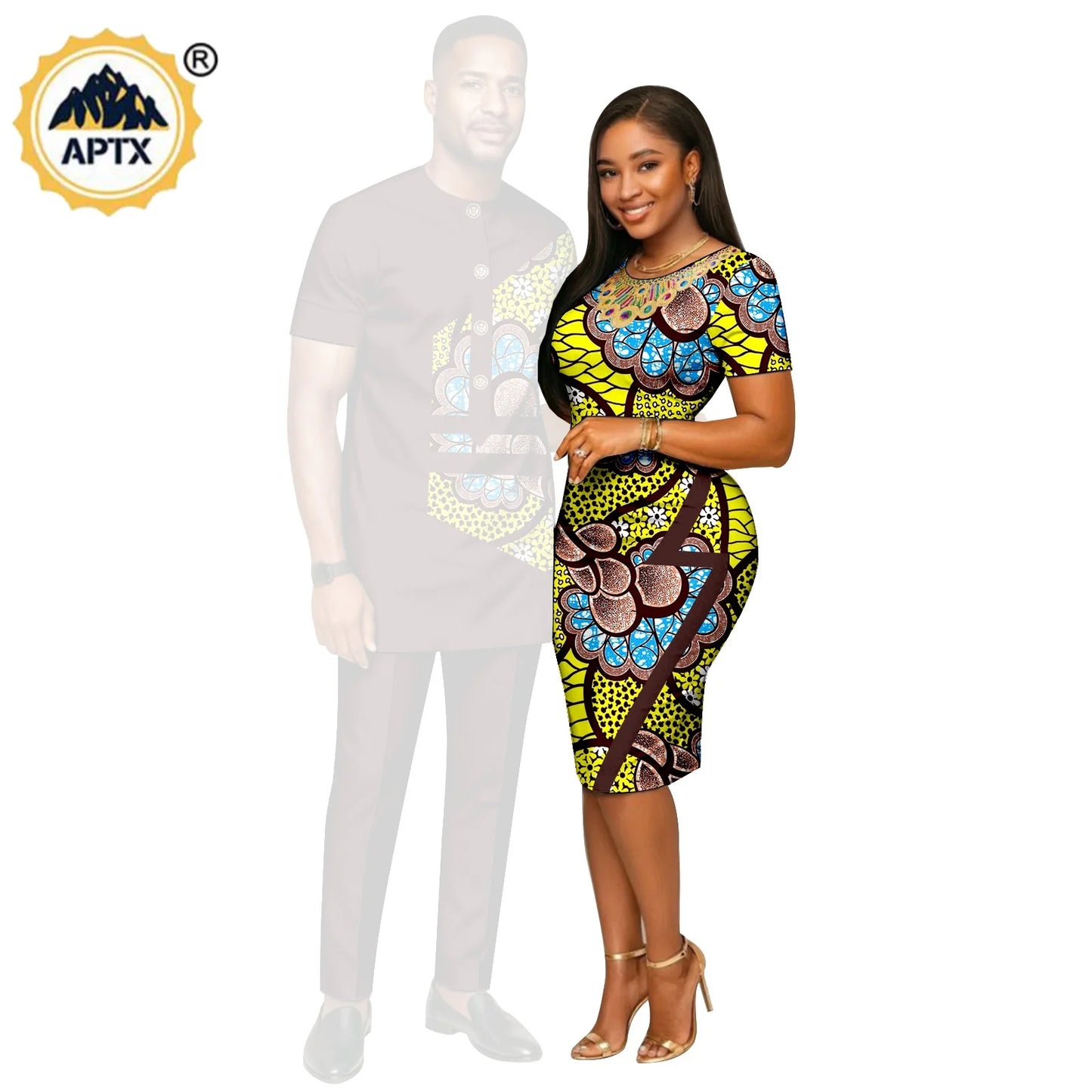 African Print Slim Hip Knee-length Dresses for Women, Matching Couple Outfits Dashiki Men Patchwork Top and Pant Sets 26C019.