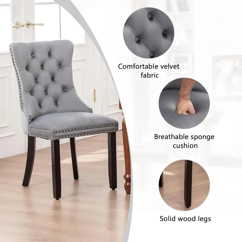 Velvet Dining Chairs Set of 4, Upholstered with Ring Pull Trim, for Kitchen & Living Room in Grey.
