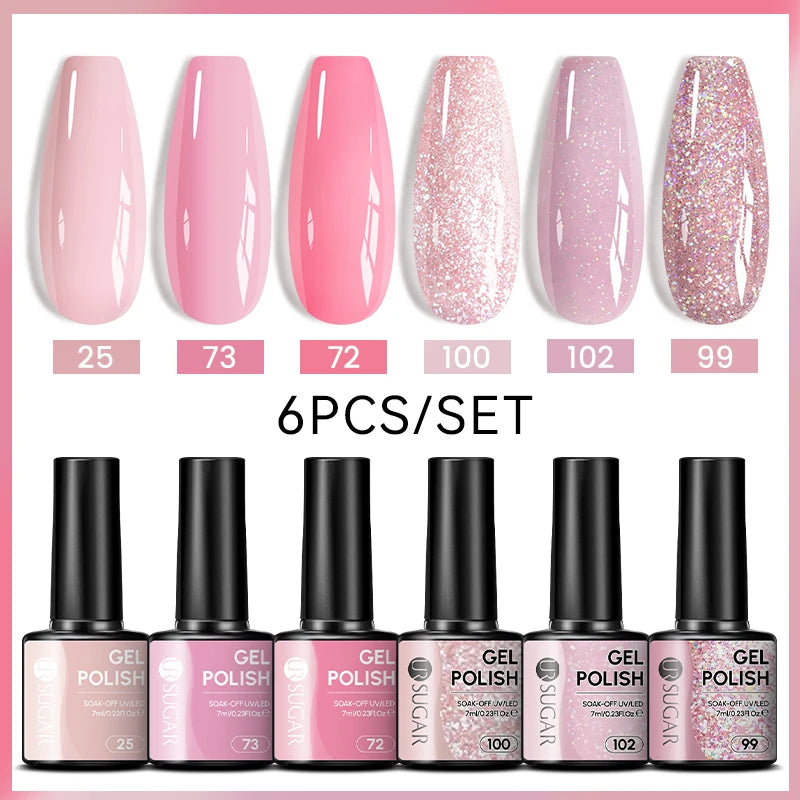 7ml All Season Gel Nail Polish Set, Nude Pink, Red Glitter, Semi Permanent UV Gel Kits.