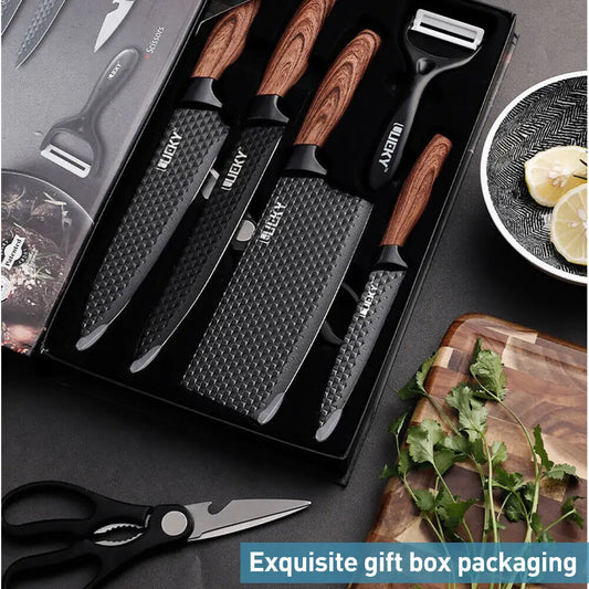 Cuchillos de Acero Inoxidable con Alto Contenido de Carbono de 6 piezas, Cuchillo de Cocina para Chef, Carnicero, Hecho a Mano, Forjado, Cuchillo de Cocina con Mango de Madera, Herramienta de Cocina.