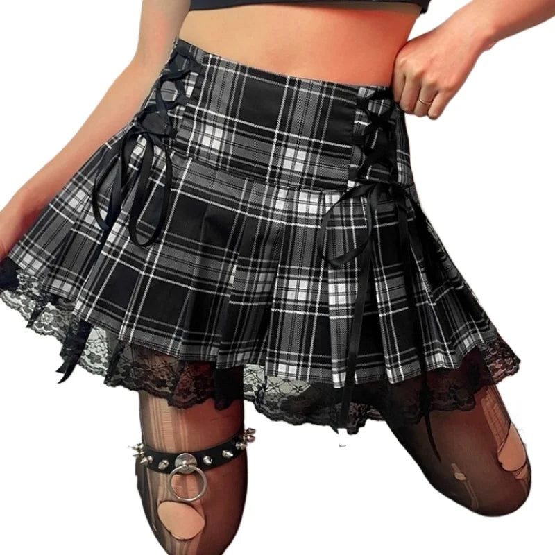 E-girl Retro Lace Up Pleated Skirt, High Waist Plaid Print, Mesh Stitching Hem, Y2K Gothic Black, Pink.