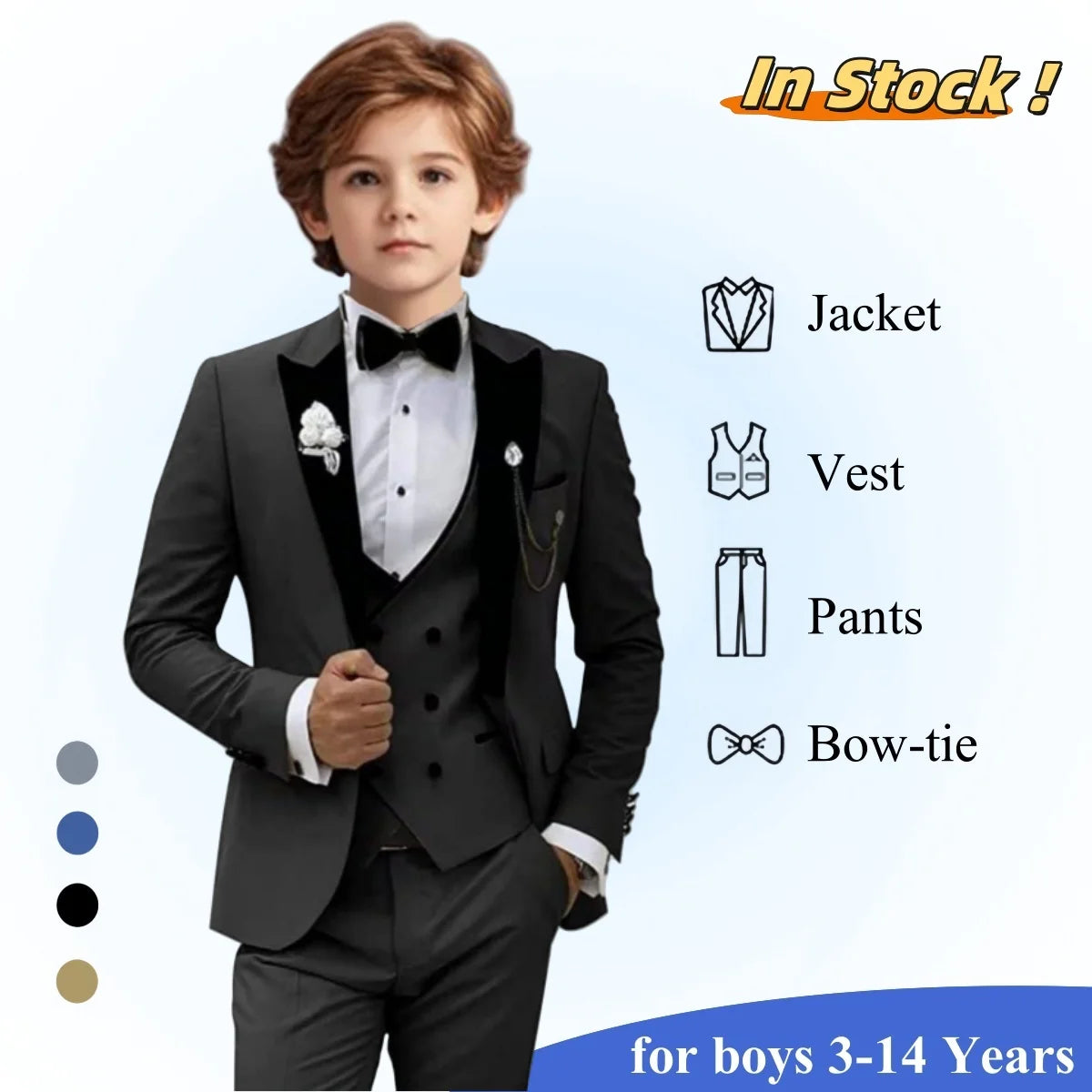 2025 New Kids Suit Set, 4 Pieces Formal  Suits for Boys, Jacket, Vest, Pants, Bowtie Velvet Collar.