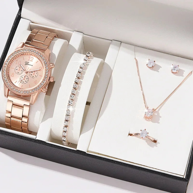 Women Quartz Watch Luxury Diamonds, Simple Stainless Steel Strap, Ring, Necklace, Earrings.