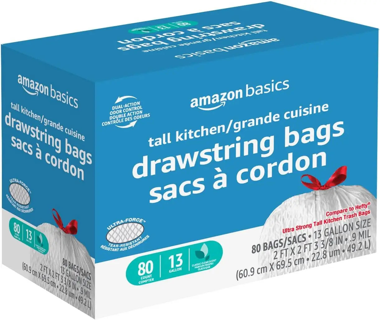 Ultra-Force Tall Kitchen Drawstring Trash Bags, Classic Clean Scented, 13 Gallon, 80 Count.