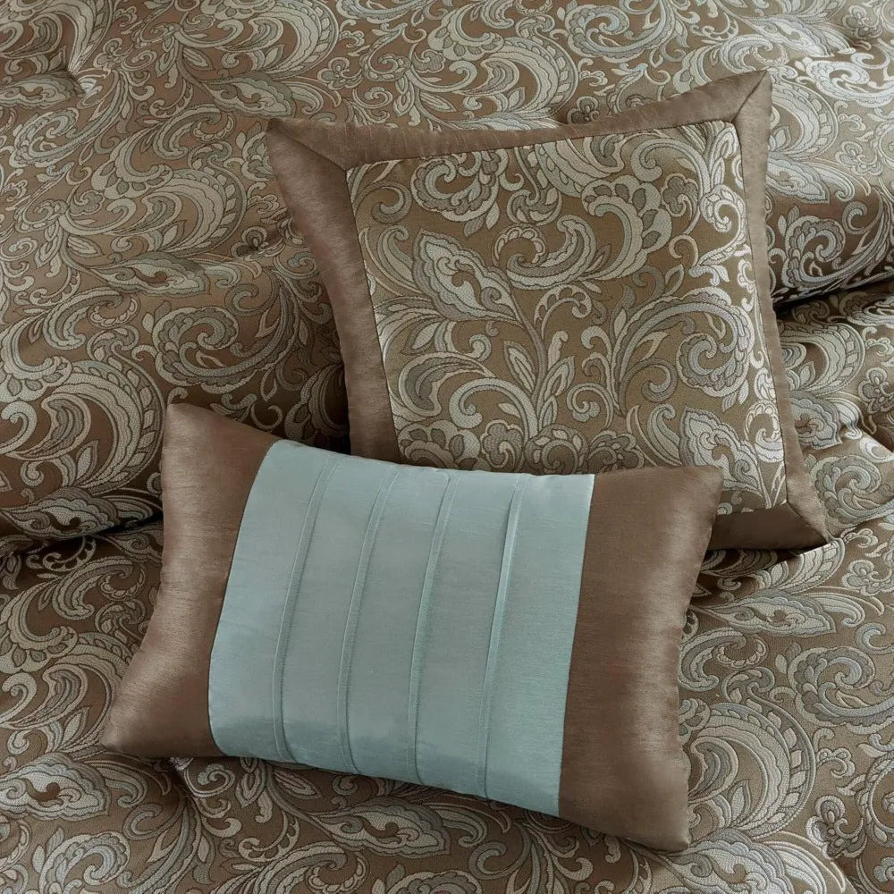 Bristol Collection 24-Piece Bedding Set, with Faux Silk Comforter and Paisley Jacquard Design Curtains.