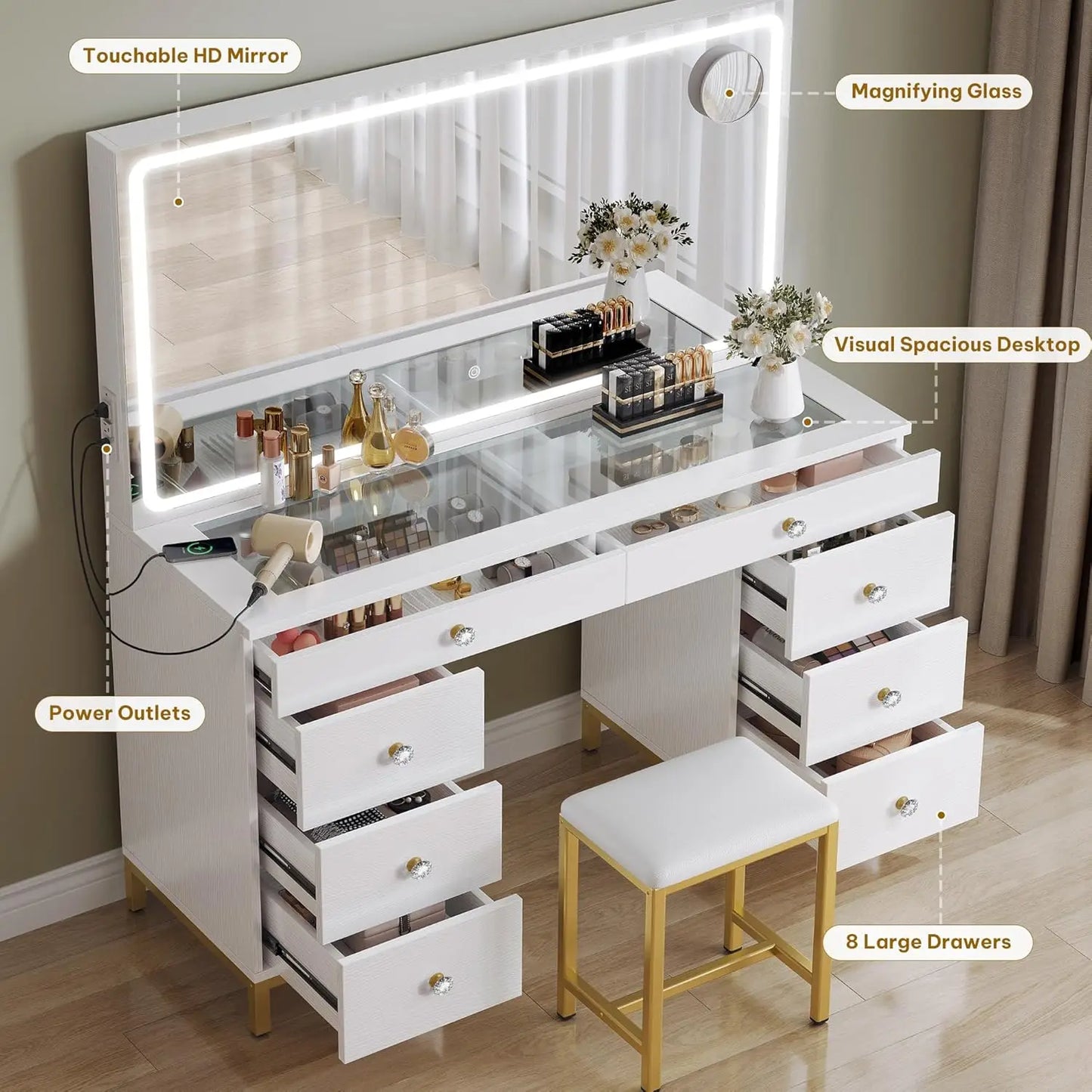 Vanity Desk with Mirror and Lights, Charging Station, Makeup Table with 8 Drawers, Dimmable Lighting