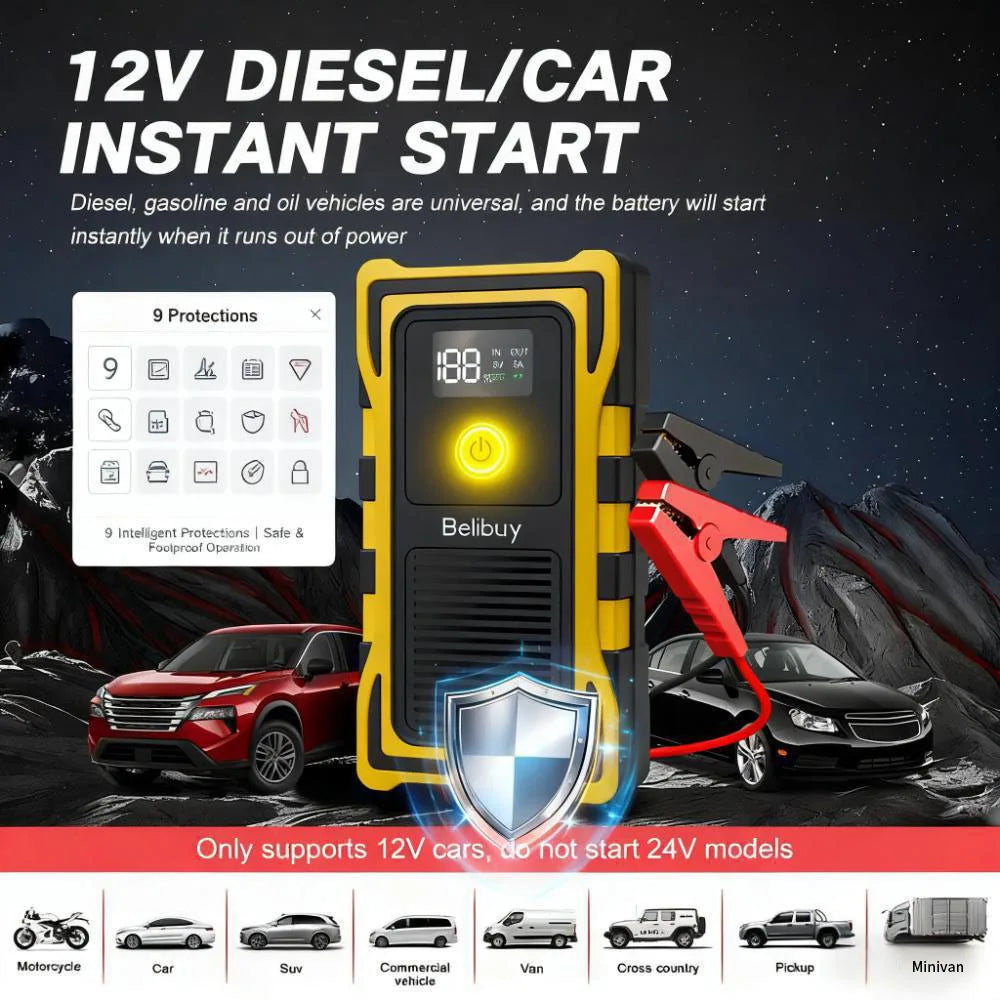 2000A Car Jump Starter, Emergency LED Light for All Diesel/Gasoline Cars 12V with Digital Display.