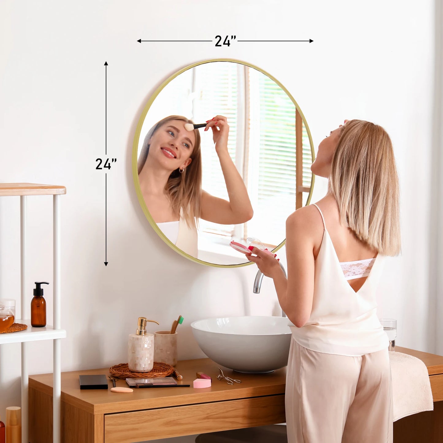 Large Gold Round Vanity Framed Mirror for Wall  Metal Framed 30 Inch  Mirror Tempered Glass