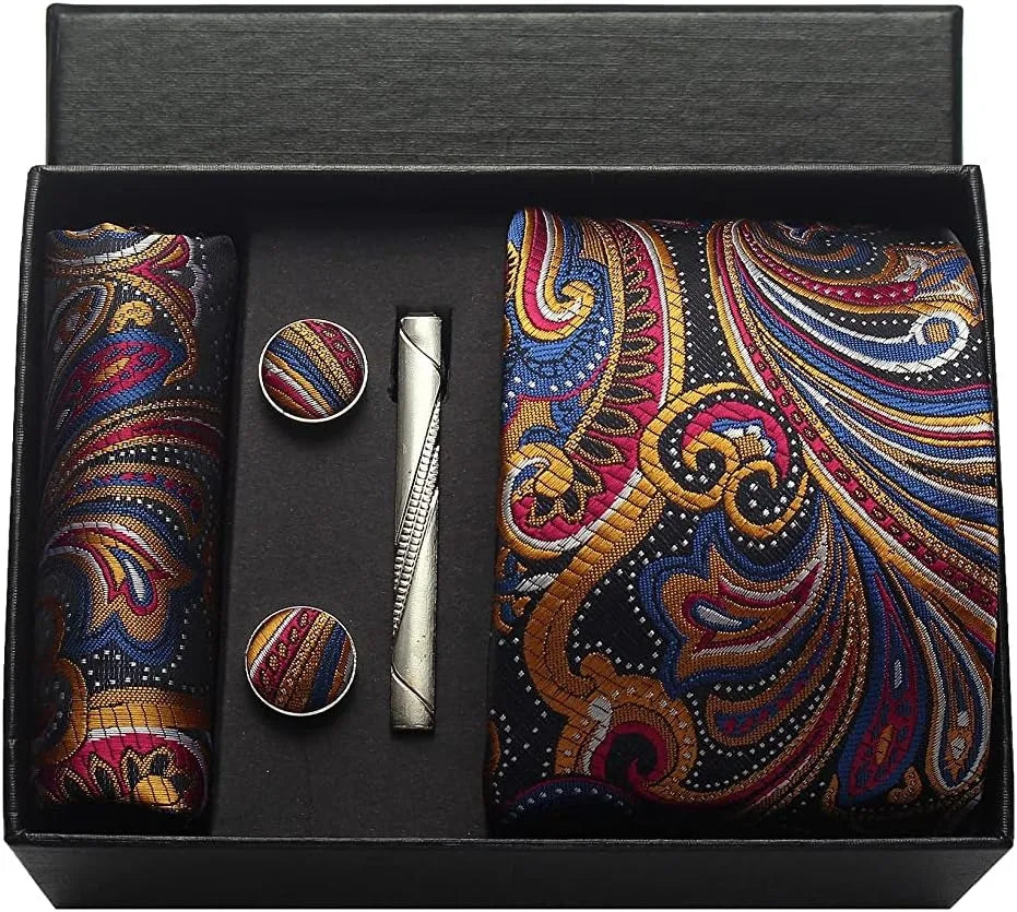 100% Silk Necktie Paisley Floral Men Business Tie, Pocket Square ,Tie Clip ,Cufflinks Set  Gift Box.