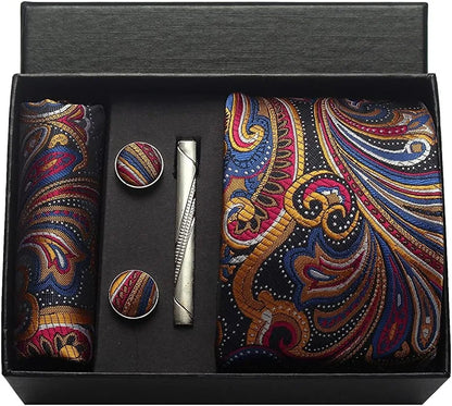 100% Silk Necktie Paisley Floral Men Business Tie, Pocket Square ,Tie Clip ,Cufflinks Set  Gift Box.