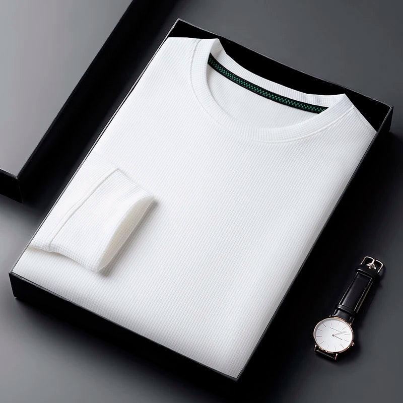 Men Casual Waffle Round Neck T-shirt Breathable, Comfortable, and Fashionable Long Sleeved T-shirt.