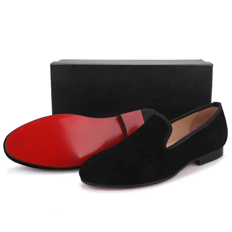 New Red Bottom Shoes for Men, Loafers, Flock, Solid Slip-On Dress Shoes Size 38-48.