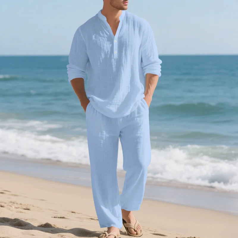 Autumn New Men Suit Style Loose Casual Breathable Henley Shirt with Straight-Leg Pants.