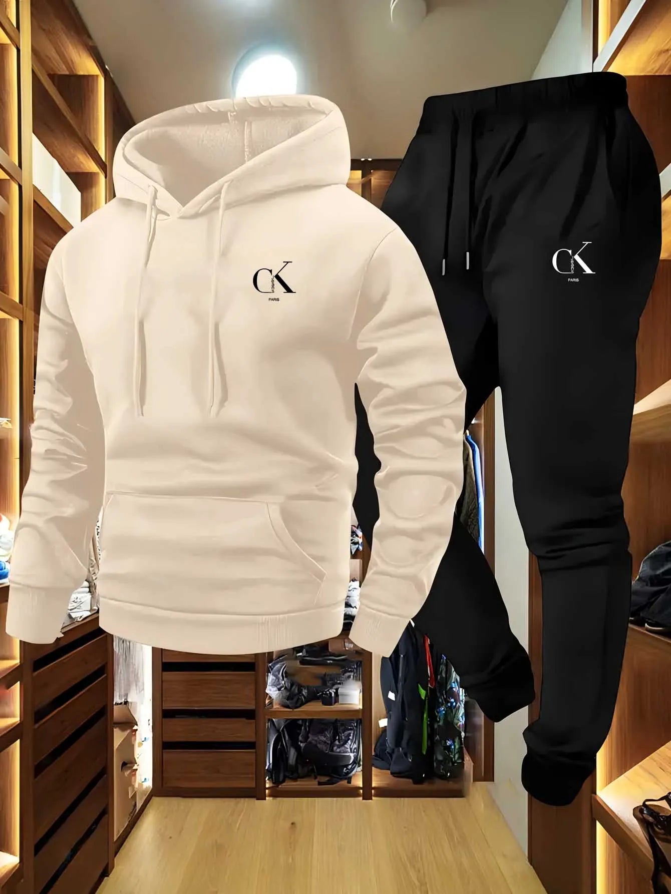2025 Men Hoodie & Sweatpants Set - Casual Gray Loungewear with Pockets, Drawstring Hood and Ribbed Waistband.