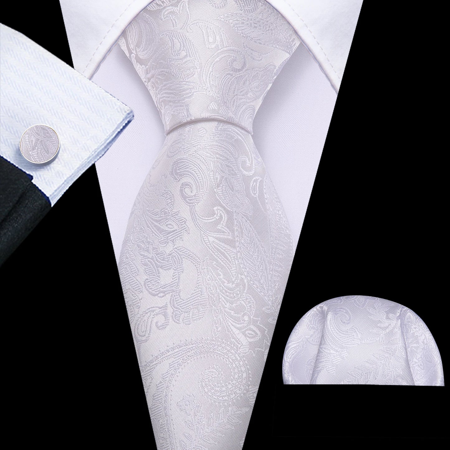 Black White Gray Silver Men Tie Handkerchief Cufflinks Set.