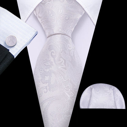 Black White Gray Silver Men Tie Handkerchief Cufflinks Set.