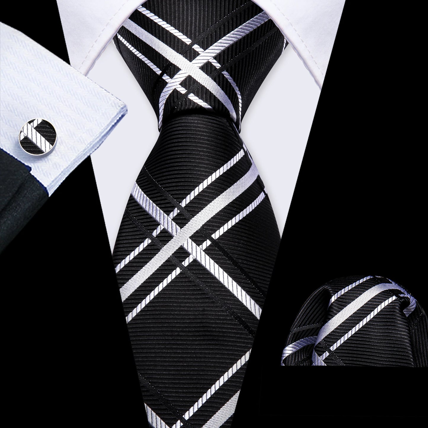 Black White Gray Silver Men Tie Handkerchief Cufflinks Set.