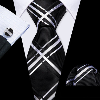 Black White Gray Silver Men Tie Handkerchief Cufflinks Set.