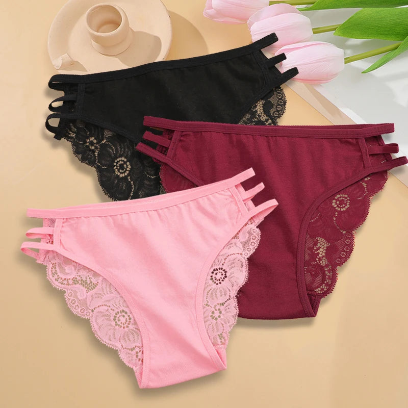 3PC/Set Women Sexy Floral Lace Panties, Low Rise Hollow Out Briefs, Transparent Female Elastic Straps Soft Lingerie.