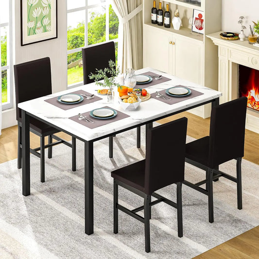 Dining Table Set for 4, Modern Kitchen & Dining Room Sets, Faux Marble Table with 4 Leather Chairs.