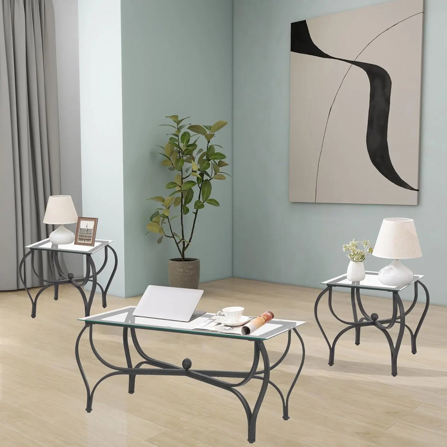 3-Piece Coffee Table Set, Tempered Glass Surface Living Room Sets, Coffee Table & 2 End Side Table, Metal Frame.