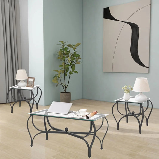 3-Piece Coffee Table Set, Tempered Glass Surface Living Room Sets, Coffee Table & 2 End Side Table, Metal Frame.