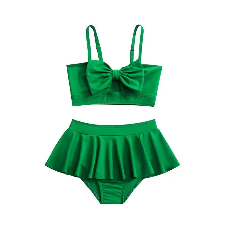 Girls Bow Bikini Two Pieces Swimsuit, Kids Ruffle Skirt, 5-14 Years Teenager Beach Wear.