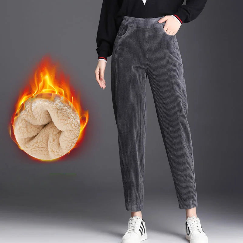 Women Corduroy Warm Pants Thick Plush Casual  Trousers.