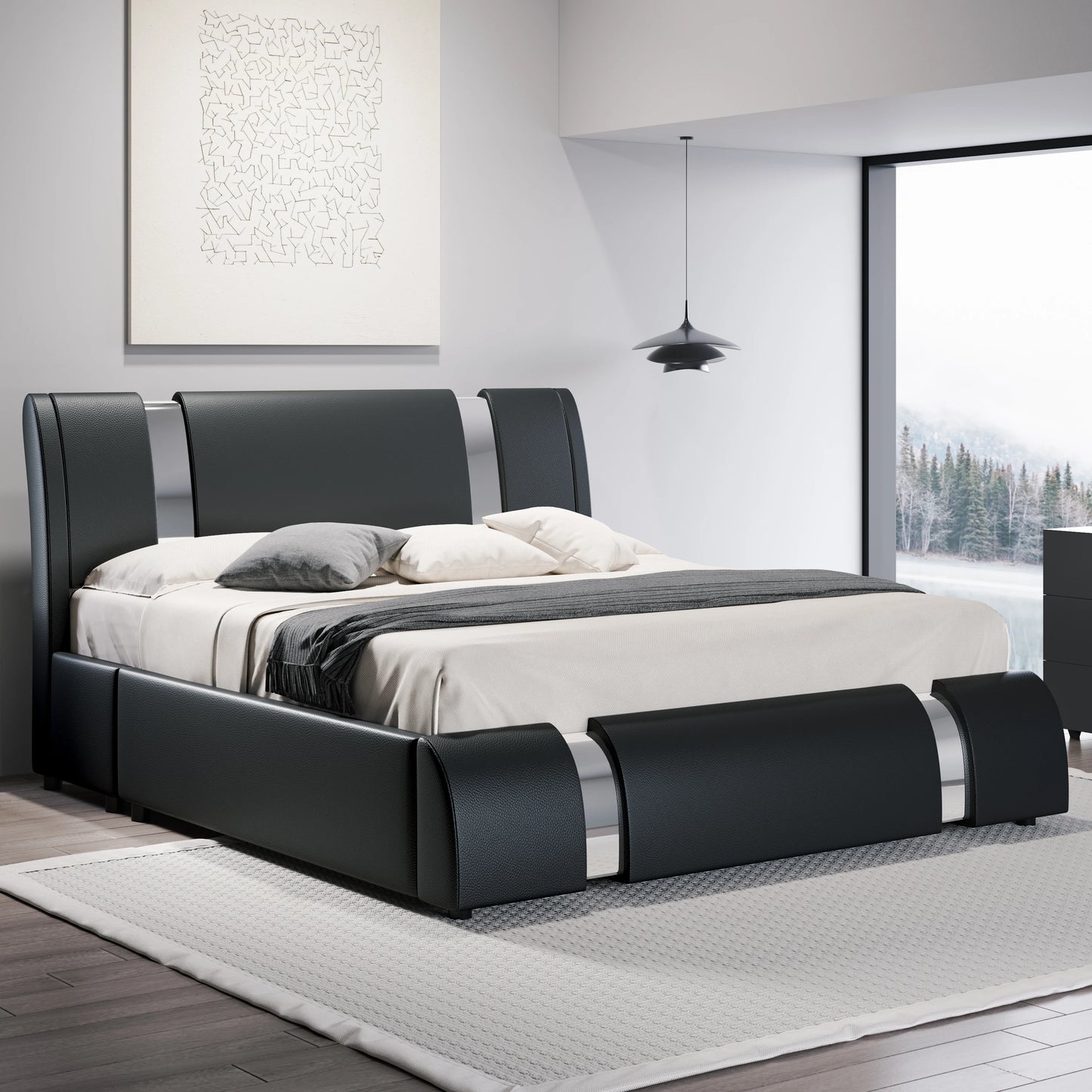 Modern Faux Leather Bed Frame with Iron Pieces Decor, Low Profile Platform Bed with Height-Adjustable Headboard.