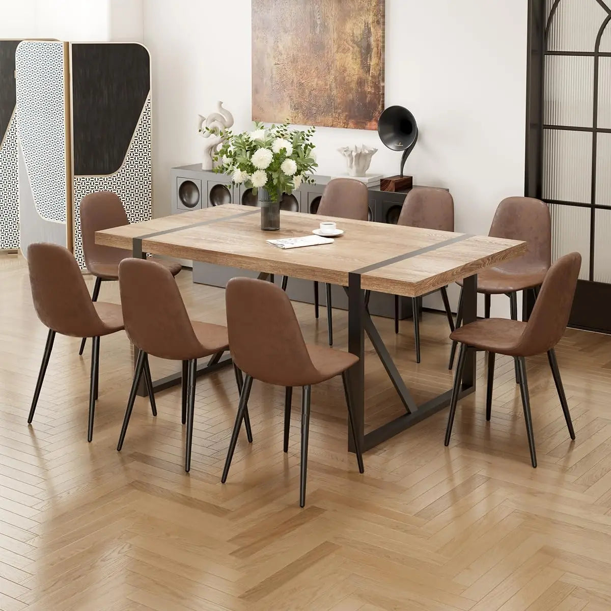 9-Piece Dining Set, 71" Rectangular Wood Table & 8 Fabric Chairs for Kitchen
