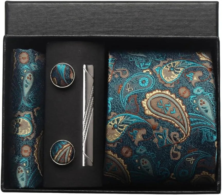 100% Silk Necktie Paisley Floral Men Business Tie, Pocket Square ,Tie Clip ,Cufflinks Set  Gift Box.