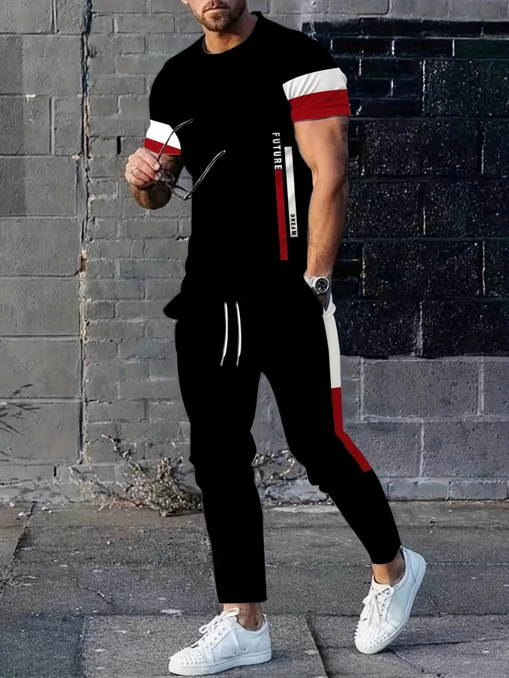 Men's summer new striped letter print round neck T-shirt pants set.