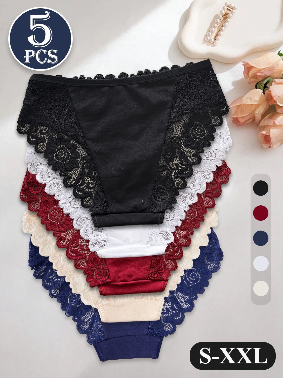5PCS High End Lace Panties for Women, Pure Cotton Crotch Breathable Sexy Briefs Solid Color.