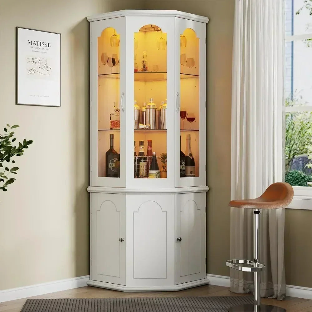 Corner Bar Cabinet w/LED Lights, Home Bar Liquor Storage, Tempered Glass Door & Adjustable Shelves.