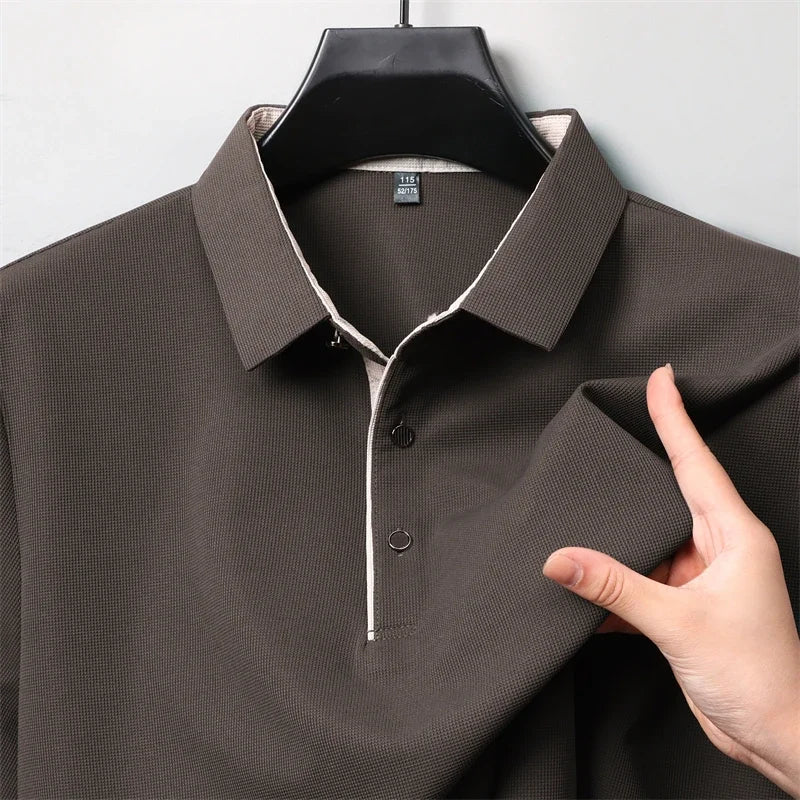 New Men Business Casual Long Sleeve Solid Color Polo Shirt, Fashionable Warm Comfortable Four Seasons.