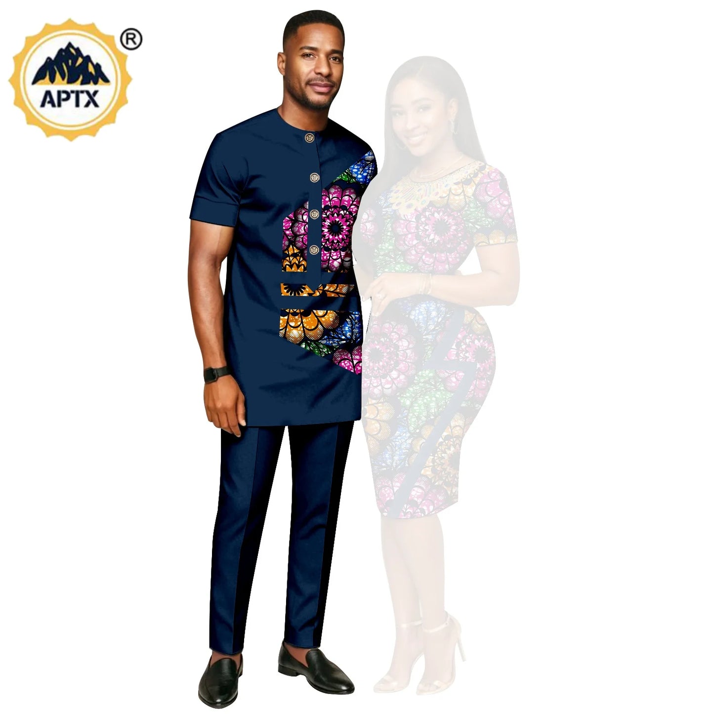 African Print Slim Hip Knee-length Dresses for Women, Matching Couple Outfits Dashiki Men Patchwork Top and Pant Sets 26C019.