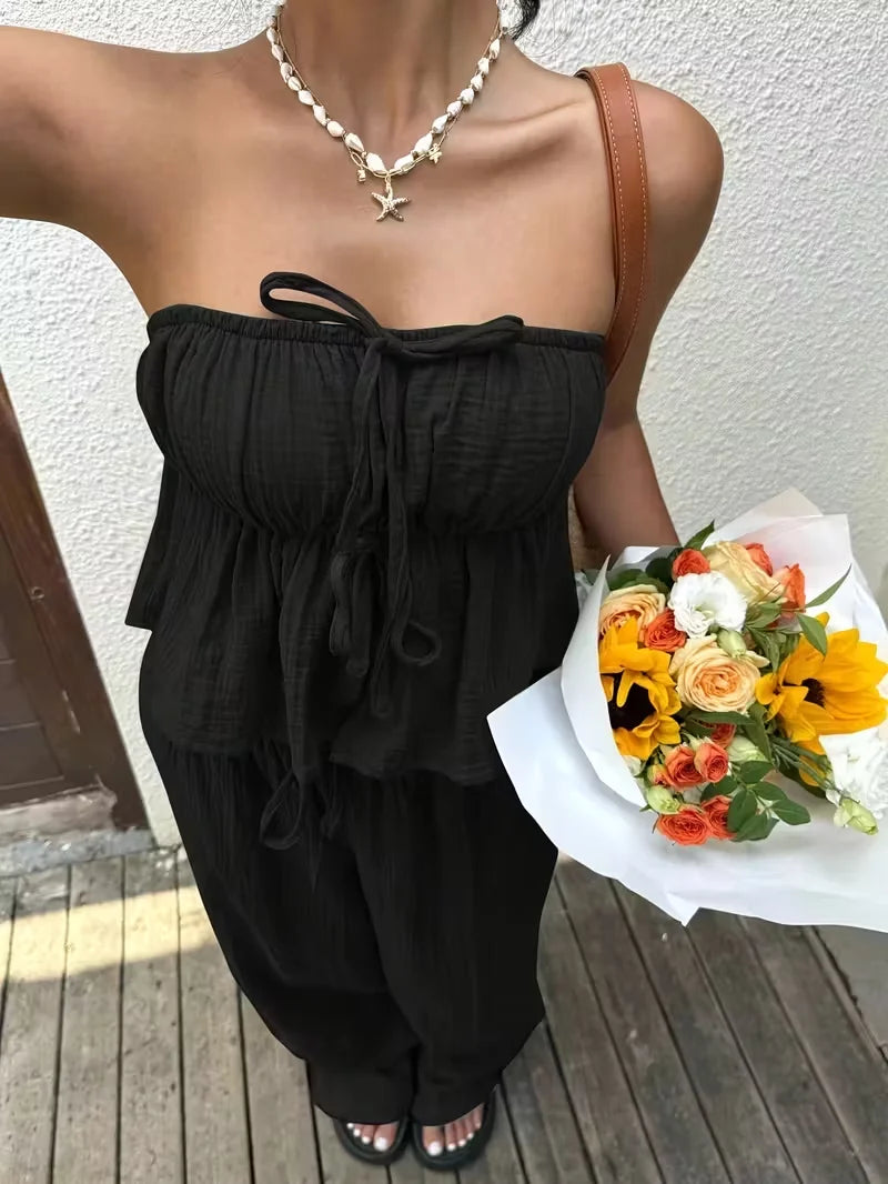 2 piece sets woman outfits, New women's casual two-piece lace up top and pants.