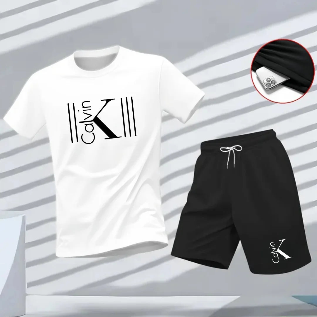 "2025 Men Breathable sports pattern Printed T-shirt, Casual Fashion short-sleeved streetwear top Two-piece set.