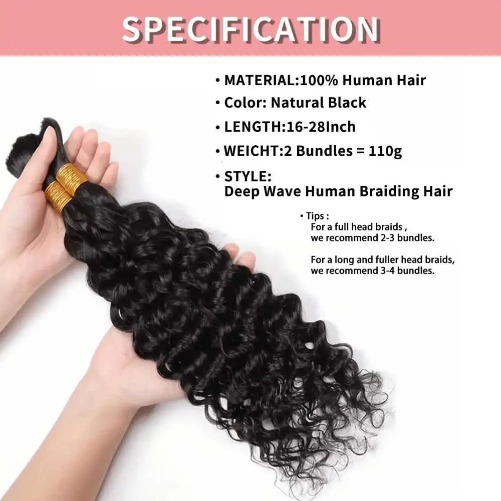 2 Bundles Human Braiding Hair for Boho Braids, 14Inch 100G 10A Brazilian Virgin Deep Wave Bulk Human Hair for Braiding.