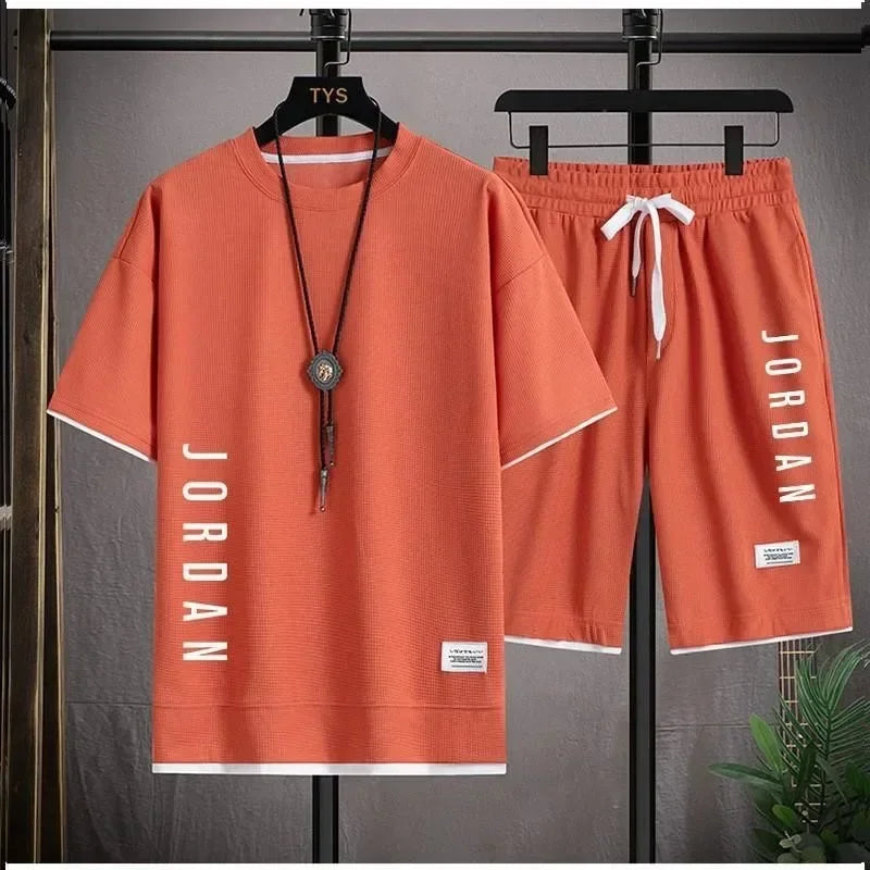 Stylish casual T-shirt + Shorts set Men Loose comfortable summer Waffle suit.