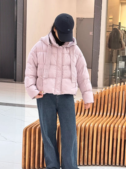 Winter Short Knitted Hooded Down Jacket   Female Zipper Puff Jackets