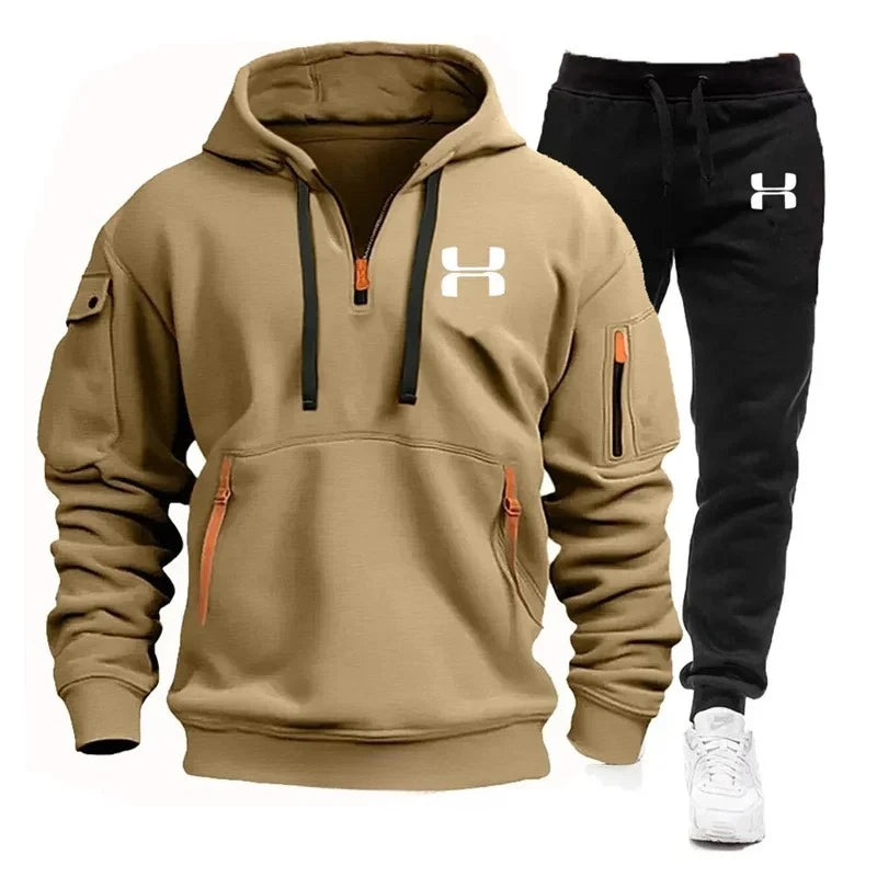 Men autumn and winter new zipper long sleeved hooded sweatshirt, sports and casual pants, two-piece fitness jogging suit.