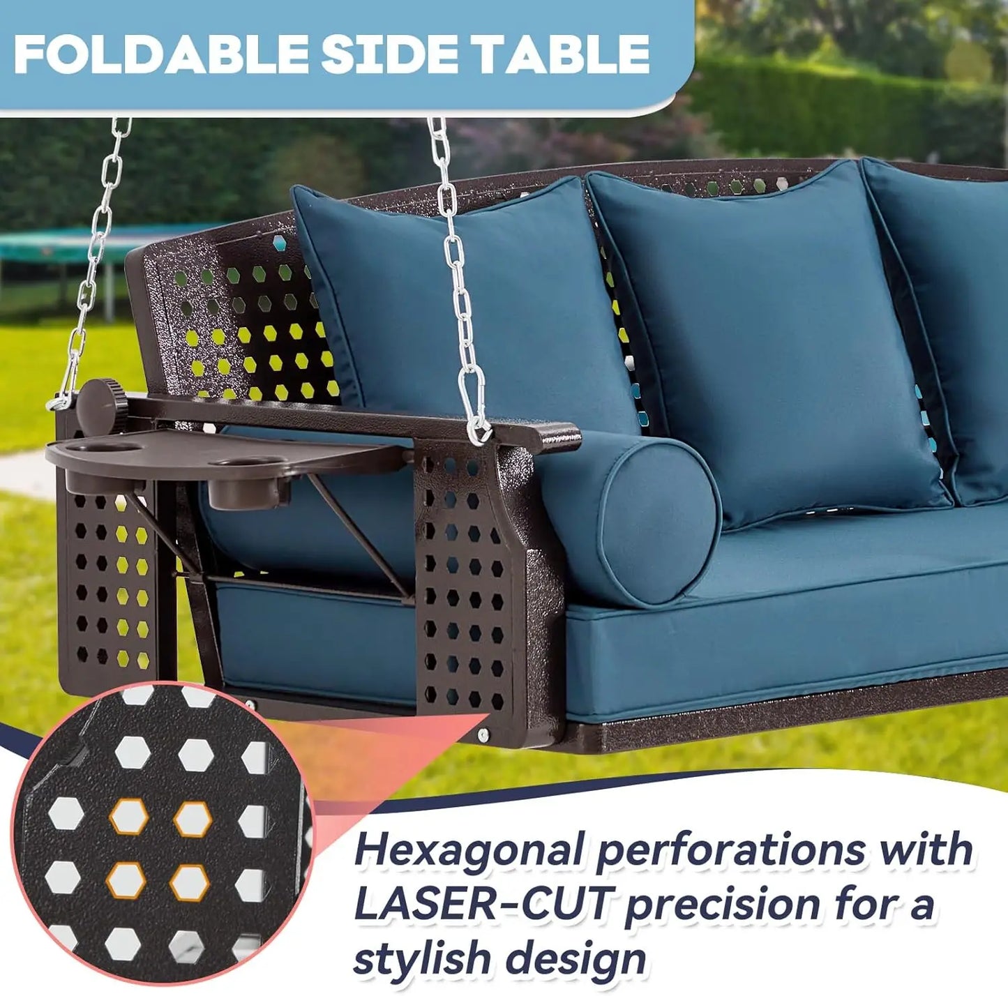 3 Seat Porch Swing, Patio Swing Bench with Cup Holders & 3 Back Cushions.