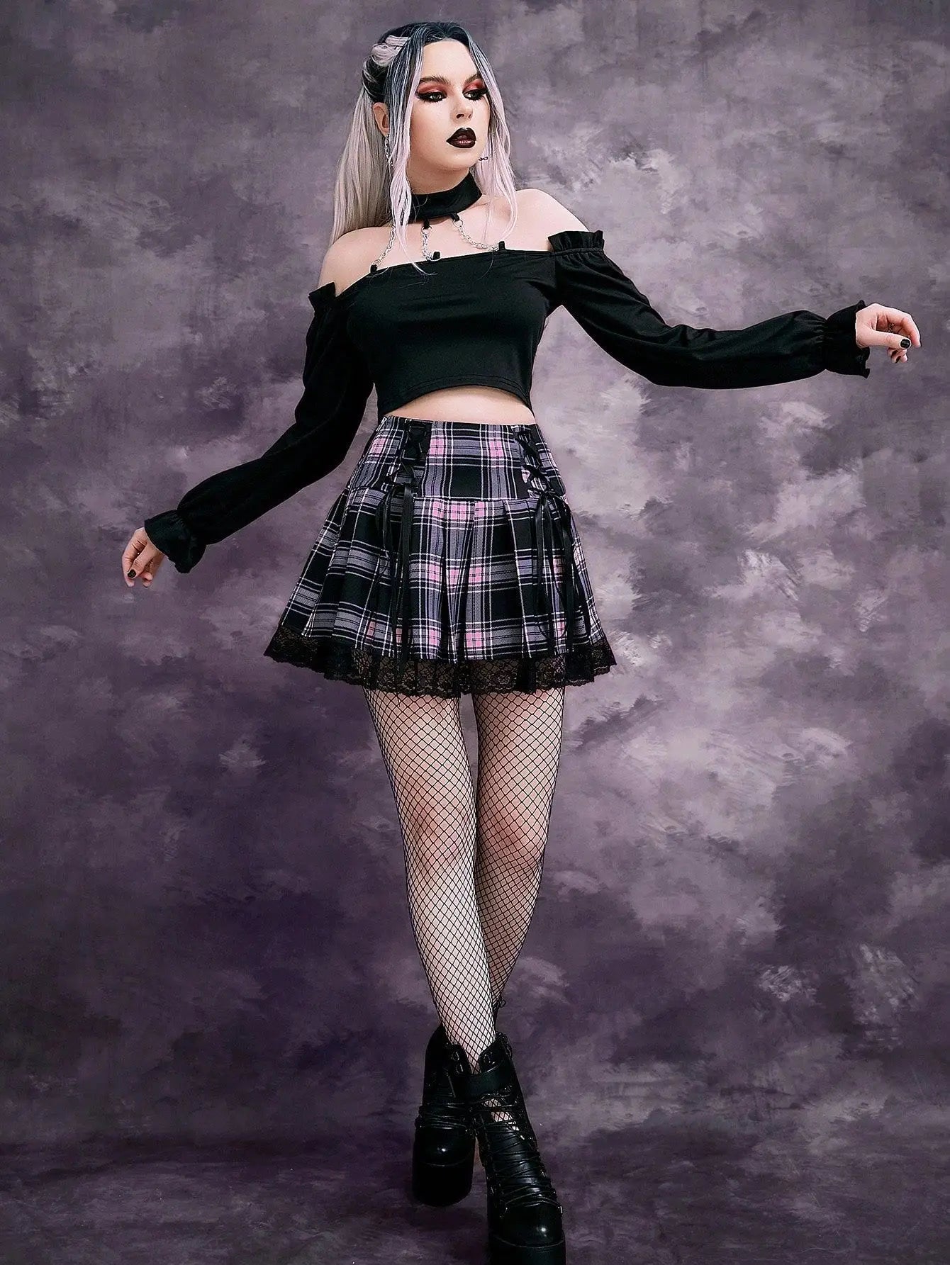 E-girl Retro Lace Up Pleated Skirt, High Waist Plaid Print, Mesh Stitching Hem, Y2K Gothic Black, Pink.